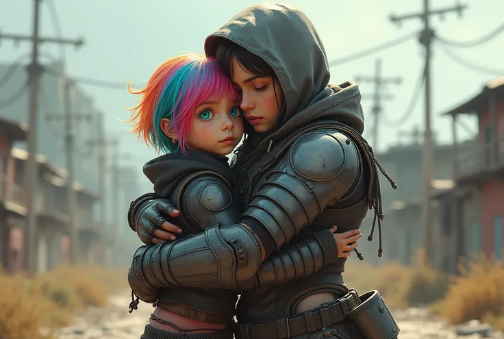 Girl, long black and white shirt, post-apocalyptic hooded armor, full body turned, short rainbow hair, rainbow eyes, cute pants, mothers hug