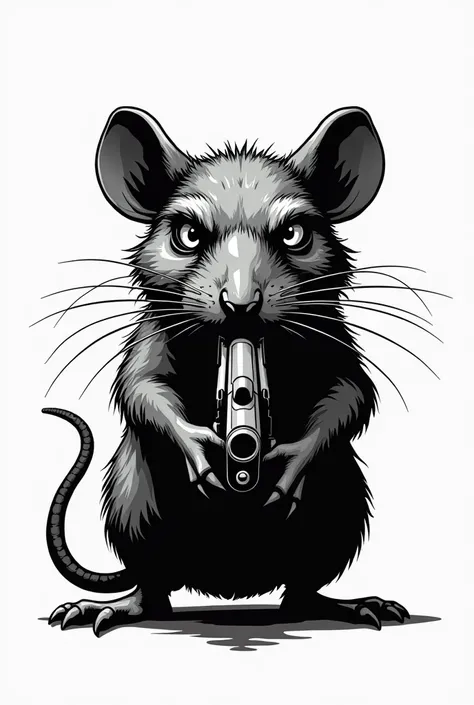 White And Black Logo Art Of A Rat Front View Holding A Gun Within Its Mouth 