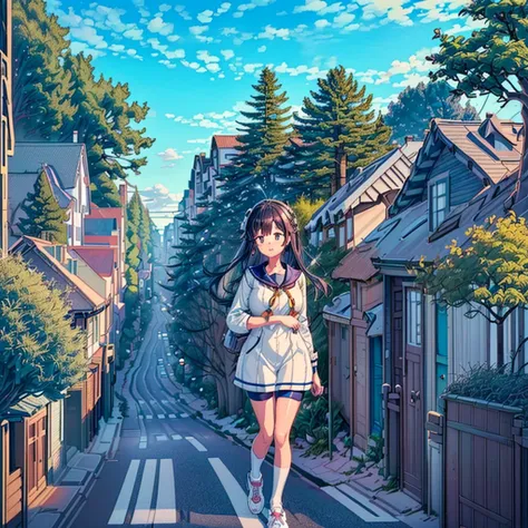 Composition seen from below (blue sky) ((cumulonimbus cloud)) ((Rural scenery and houses)) ((Farmland)) ((Tractor))Masterpiece Anime style Delicate picture 4K 90s
(((((This is a street lined with houses lined with trees)))), ((Girl looking down at the roof...