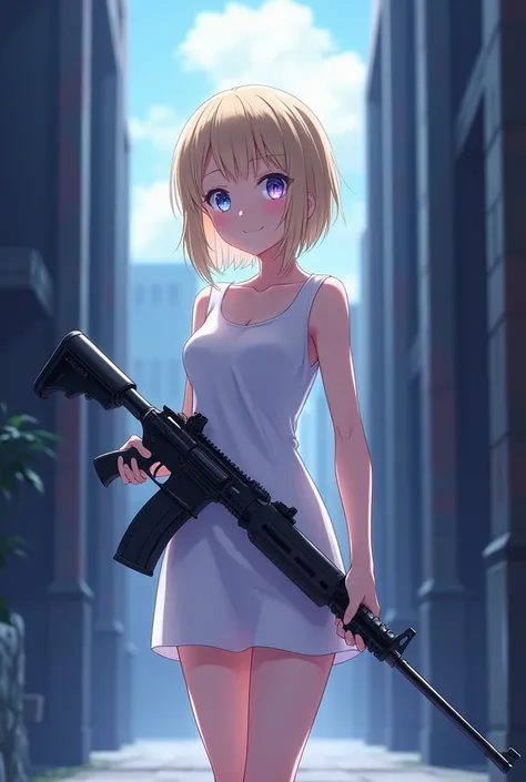 (Anime woman oc ) anime style nanatsu no taiza, white sleeveless fitted dress ,slim build ,without much chest and small in height, Short pale yellowish straight hair,Blue lined eyes with purple gradient,A black umbrella-shaped rifle,Flat body without hips,...