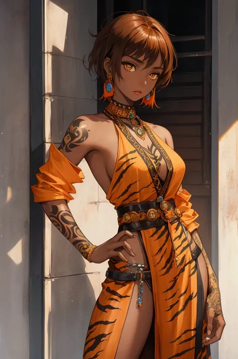 teenage woman, brown skin, orange eyes, short hair to her shoulders, warrior attire, tattoo of a tiger on his right hand