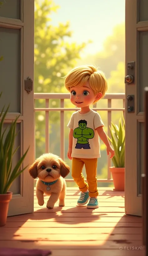 Image 5: Duda Coming Home Description: A sunny afternoon, samuel, with blonde hair, white shirt with a picture of the hulk and yellow pants is on the balcony, With a look of hope. Suddenly, he sees Duda, brown Shih Tzu puppy running towards him. A expressã...