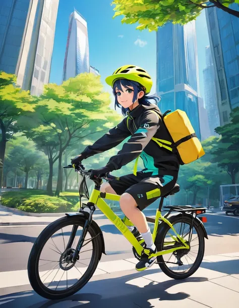 Light blue long hair、A beautiful twin-tailed Uber Eats delivery girl、Uber Eats backpack on his back、He focuses on his delivery while looking straight at the camera.. Wearing yellow and black sporty cycling clothing with goggles, Holding an action camera wh...