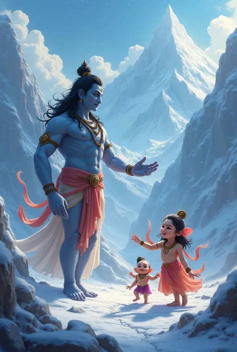 Bal Ganesha lord and Ganesh looks like children and playing with lord Shivamahadeva big person and Parvati big person on ice mountain 