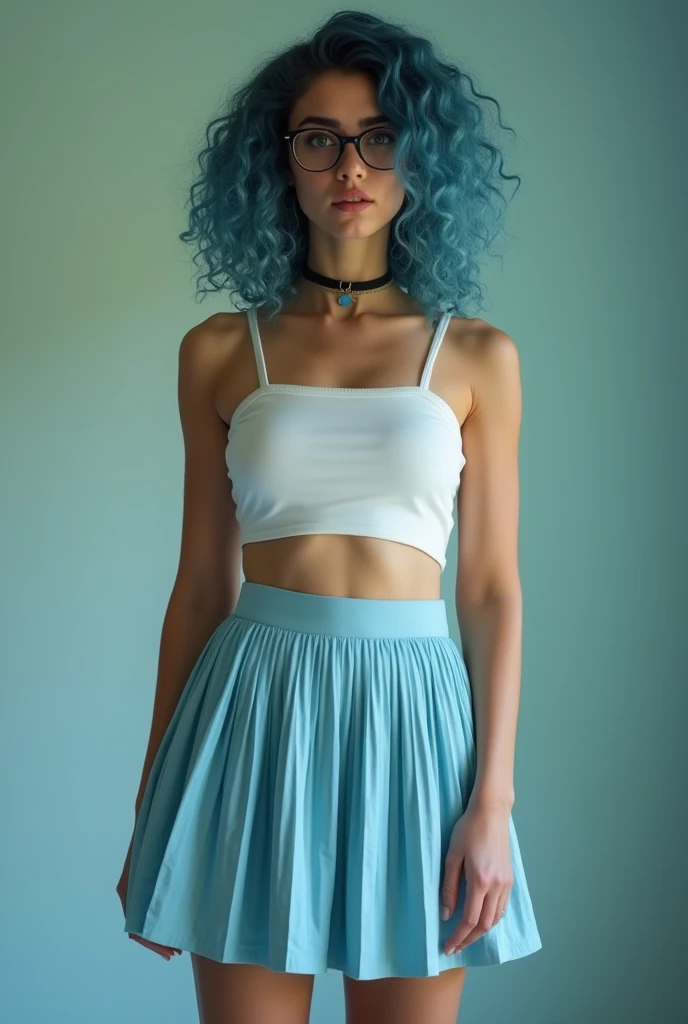 Full body of a Syrian WOMAN, curly blue hair, white top and baby blue pleated skirt, big fit ass , annoyed look, óculos com armação grossa preta e big fit asss lentes redondas, gazing at viewer, natural skin texture, 24mm, textures 4k, bright cinematic lig...