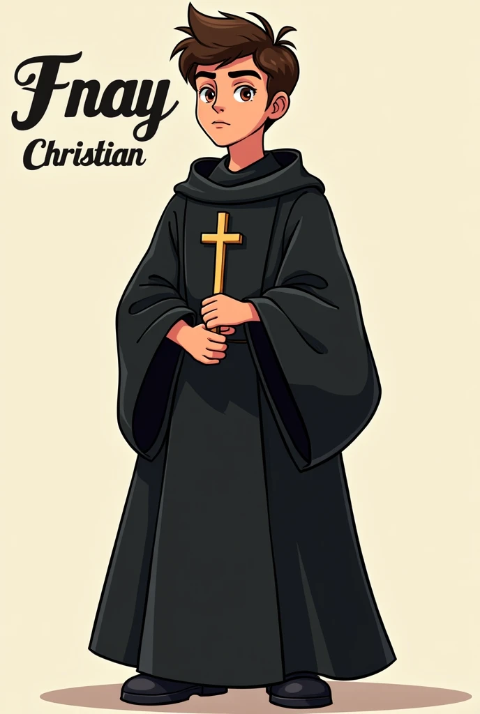 Image of a religious boy in a manly St. Augustine robe all in black, cartoon style poster with the name Fray Christian 