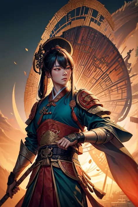 Zheng Jiang from Total war three kingdoms, hyperrealistic, highly detailed, 8k, photorealistic, intricate, cinematic lighting, dramatic lighting, scenic atmosphere, warm color palette, elegant pose, elegant, mystical, magical, fanciful, ethereal, fantasy a...