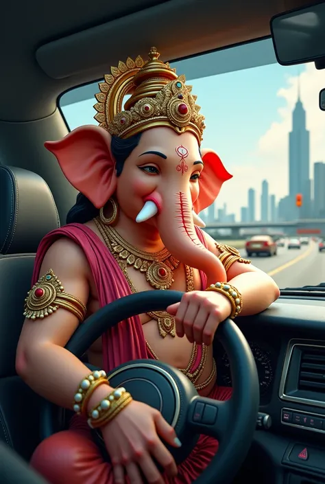 Bal Ganesha lord perfect picture of ganesh and ganesh driving car on highway road and looking out in the mirror 