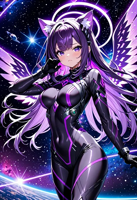 8k ultra high-quality, ultra-detailed, high quality, dark purple hair, neon purple inner layer hair, long hair, cat ears, gloves...