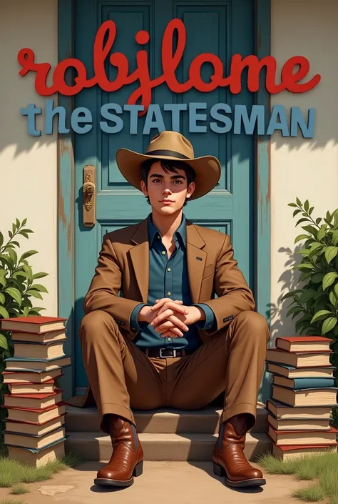 No beard brownish black young man wearing full brown suites with dark bule button shirt and cowboy boots and cap sitting outside the country side home and beside it all sorts of books on the road
Back of his wall write" Robjlome The Statesman" written on i...