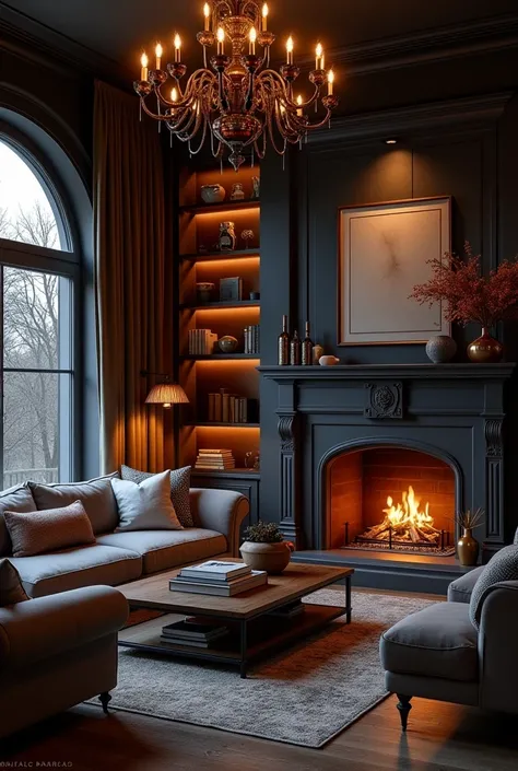 "Draw a drawing of a living room with an L-shaped sofa, fireplace, coffee table and some chandeliers and large windows, a very welcoming atmosphere in dark tones
 