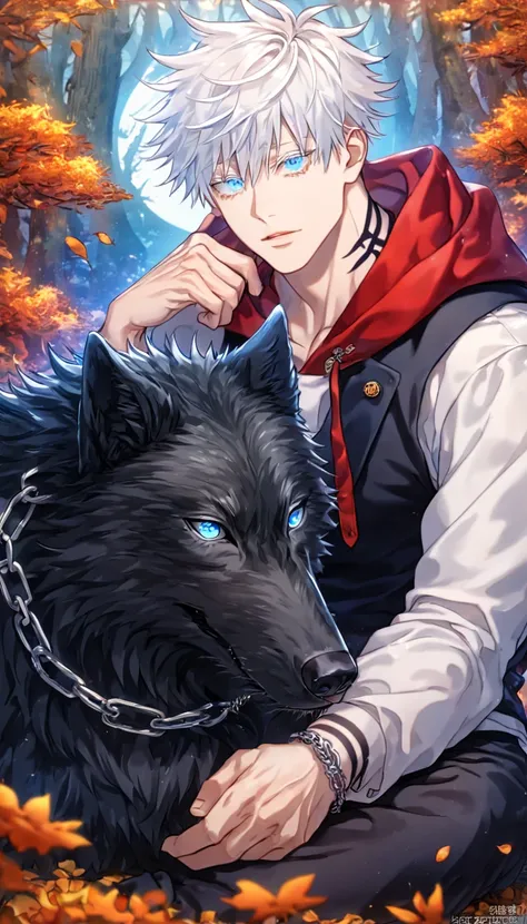 absurdres, highres, ultra detailed, HDR, master piece, Gojou Satoru, white hair with bangs, white eyelashes, expressive blue eyes, white shirt with trimming, black vest, red cape with hoodie, red riding hood, hunter, tattoo, black pants, chains, Jujutsu Ka...