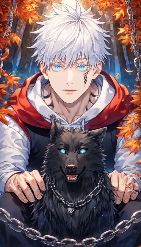 absurdres, highres, ultra detailed, HDR, master piece, Gojou Satoru, white hair with bangs, white eyelashes, expressive blue eyes, white shirt with trimming, black vest, red cape with hoodie, red riding hood, hunter, tattoo, black pants, chains, Jujutsu Ka...