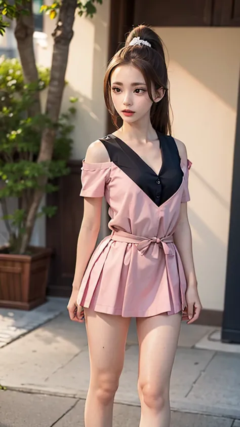 1 female, high resolution, Long hair, Ponytail, High Detail, best quality, masterpiece，Full body in camera，Thin waist，long legs，Perfect body, Exquisite and sexy clavicle, Charming oval face, Double eyelids, Lively peach blossom eyes, Pink lips, Small nose,...