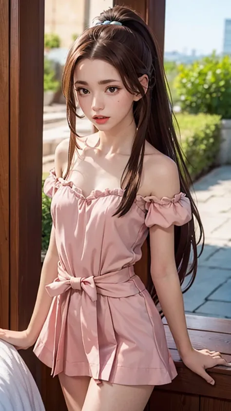 1 female, high resolution, Long hair, Ponytail, High Detail, best quality, masterpiece，Full body in camera，Thin waist，long legs，Perfect body, Exquisite and sexy clavicle, Charming oval face, Double eyelids, Lively peach blossom eyes, Pink lips, Small nose,...