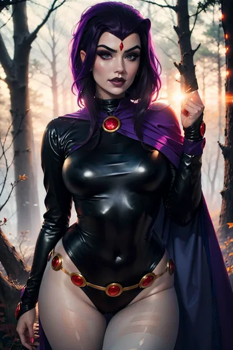 1woman，4，milf，Uma milf ，married woman， raven marvel, mellow，plumw，Biggest chest ,just，（in a forest） She has long purple hair，seen from the front， hair slicked back，（（（Masterpiece artwork），（very detailed unity CG 8k wallpaper），best quality，cinematic lightin...