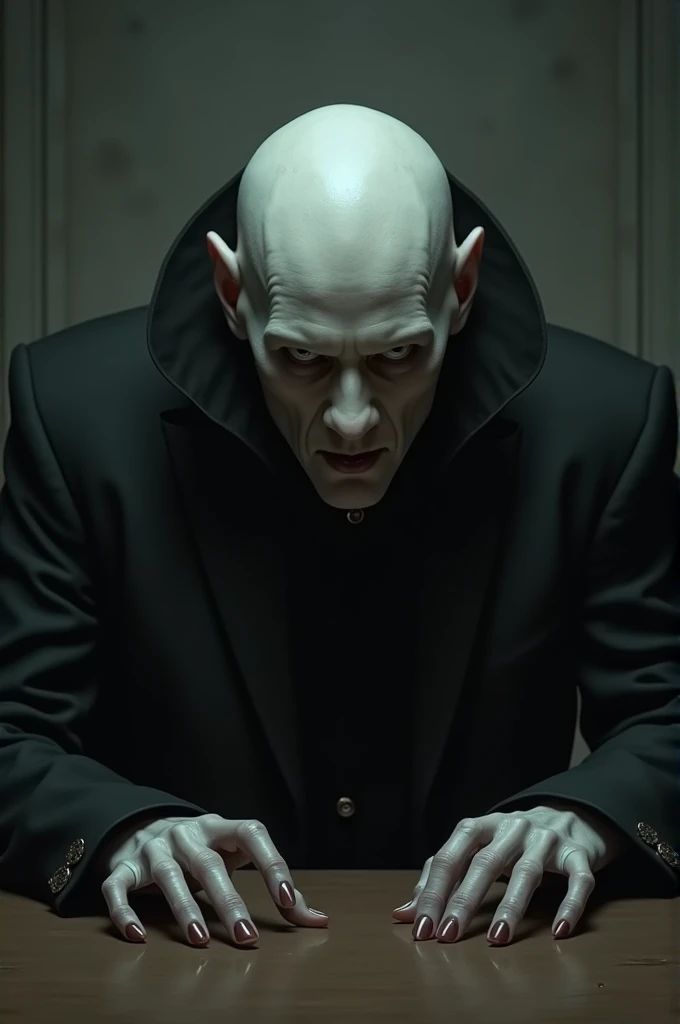 Bald man looking like Nosferatu looking directly at the table