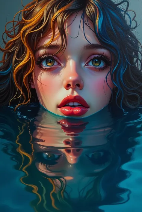 Reflection of a face in the water ,beautiful detailed eyes, beautiful detailed lips, extremely detailed eyes and face, long eyelashes, messy colorful hair, dramatic lighting, intense colours, thick, Textured brush strokes, moody atmosphere, vibrant palette...