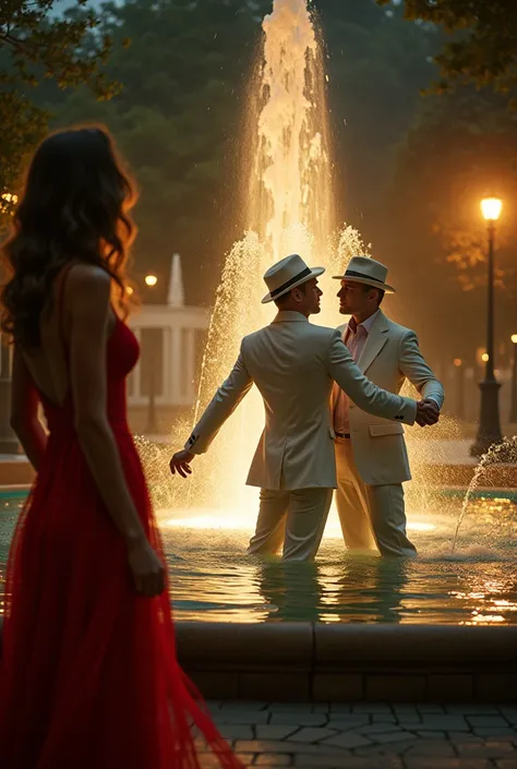 In the park fountain at night、Beautiful and sexy woman in a red dress、Two men in white suits and hats are dancing ballroom in a fountain while getting soaked and staring at each other。The background is gold lighting。A hazy atmosphere。Just the two of them。