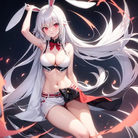 One girl, Bunny ears, Long Hair, White Hair,Hide your ears, Red eyes, anime, shirt,Cleavage,No bra,Shorts,masterpiece, 