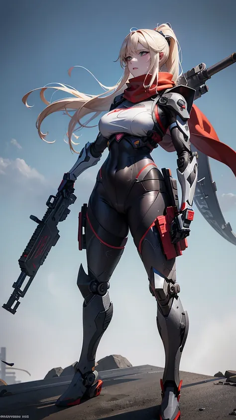 (Female ninja cruel mecha: 1.3, The whole body is covered with mechs, Carrying a heavy AWP, Digital SLR Camera, Ray Tracing, 3d, Concept Art, action, Movie Lighting, Chiaroscuro) :(1.3). Highlight the curves of the chest, The long white ponytail looks eleg...