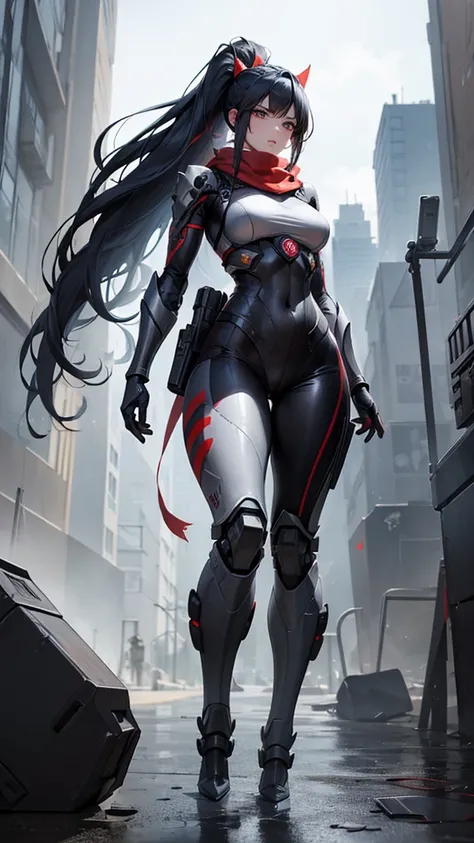 (Female ninja cruel mecha: 1.3, The whole body is covered with mechs, Carrying a heavy AWP, Digital SLR Camera, Ray Tracing, 3d, Concept Art, action, Movie Lighting, Chiaroscuro) :(1.3). Highlight the curves of the chest, The long white ponytail looks eleg...