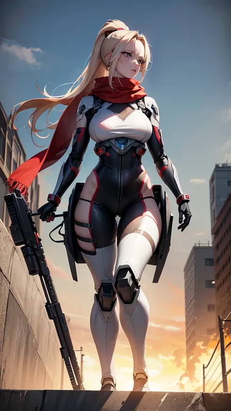 (Female ninja cruel mecha: 1.3, The whole body is covered with mechs, Carrying a heavy AWP, Digital SLR Camera, Ray Tracing, 3d, Concept Art, action, Movie Lighting, Chiaroscuro) :(1.3). Highlight the curves of the chest, The long white ponytail looks eleg...