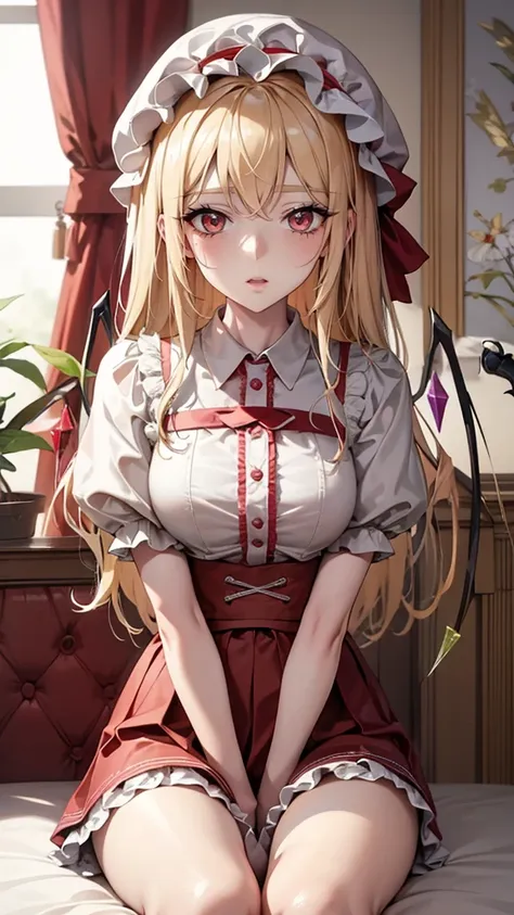 eastern project, flandre scarlet sitting on the bed wearing jk, cross your hands at your waist, light hair, warm lighting, blurr...