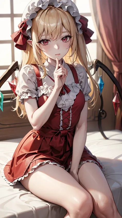 eastern project, flandre scarlet sitting on the bed wearing jk, cross your hands at your waist, light hair, warm lighting, blurr...