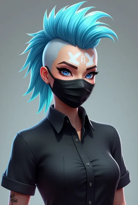 Draw a character from the free fire game, she has a light blue mohawk with a white makeup face and a disposable mask, a completely black shirt. 