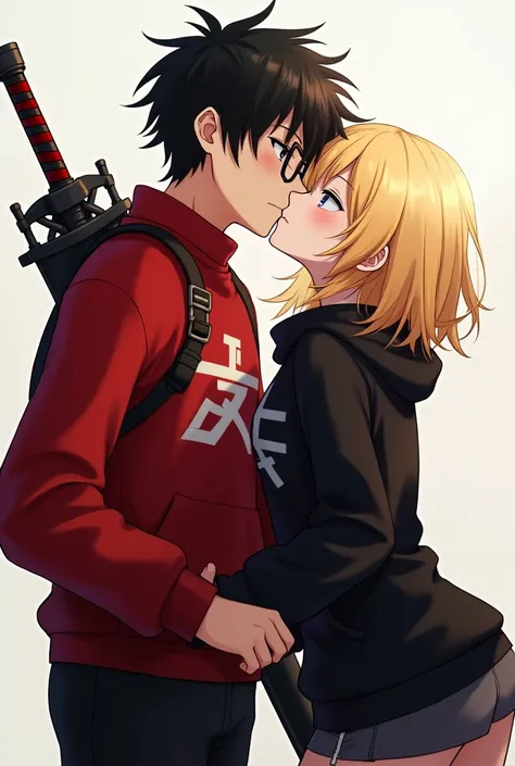 Black haired boy spread red sweatshirt with one piece logo and orange eye in anime style with a sword on his back with glasses kissing blond hair with a black sweatshirt