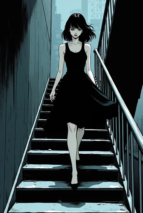 manga panel of jane margolis walking up the stairs with black dress