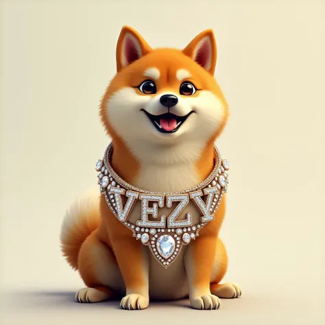 Realistic Doge dog meme wearing a diamond chain that says Vezy