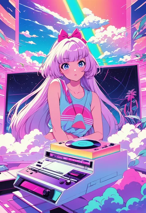 imagene an artwork full of 80s vaporwave aesthetics, heavily enfluenced by yoko honda&#39;s estilo artístico vívido, but takeng ...