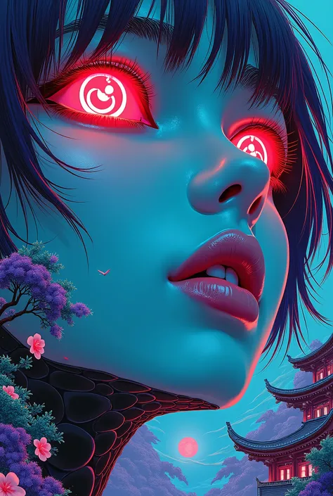 ((best quality)), ((masterpiece)), (detailed), perfect face of cyberpunk mecha japanese girl, neon red eyes, neon blue body, neon purple hair, ((monochromatic neon red, blue, and purple color palette)), surreal, art nouveau, in the illustrative style of mo...