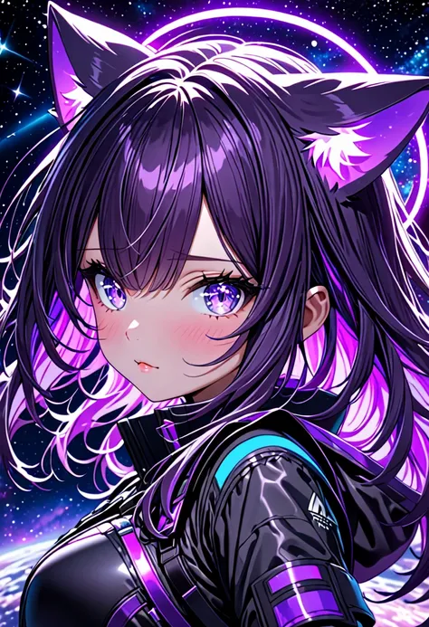 8k ultra high-quality, ultra-detailed, high quality, dark purple hair, neon purple inner layer hair, long hair, cat ears, gloves...