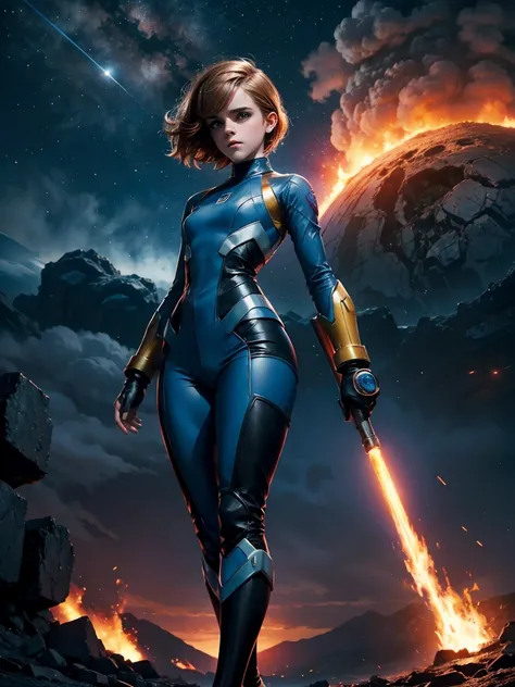 night. sci-fi. teenEmma Watson as megaman. tight costume. slender, athletic and graceful. background fire volcano. cloudy sky. --s 1000