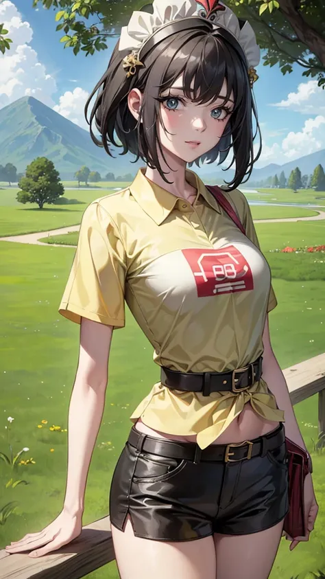 masterpiece, best quality, high resolution, serene 1, 1 girl, serene 1, 1 girl, serene (Pokémon), Solitary, Gray eyes, Black Hair, green shorts, Red headdress, shirt, tied shirt,, short hair, Short sleeve, shorts, stripe, yellow shirt, belt, Middle Class S...