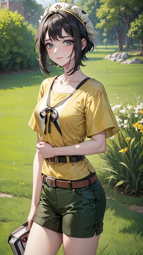 masterpiece, best quality, high resolution, serene 1, 1 girl, serene 1, 1 girl, serene (Pokémon), Solitary, Gray eyes, Black Hair, green shorts, Red headdress, shirt, tied shirt,, short hair, Short sleeve, shorts, stripe, yellow shirt, belt, Middle Class S...