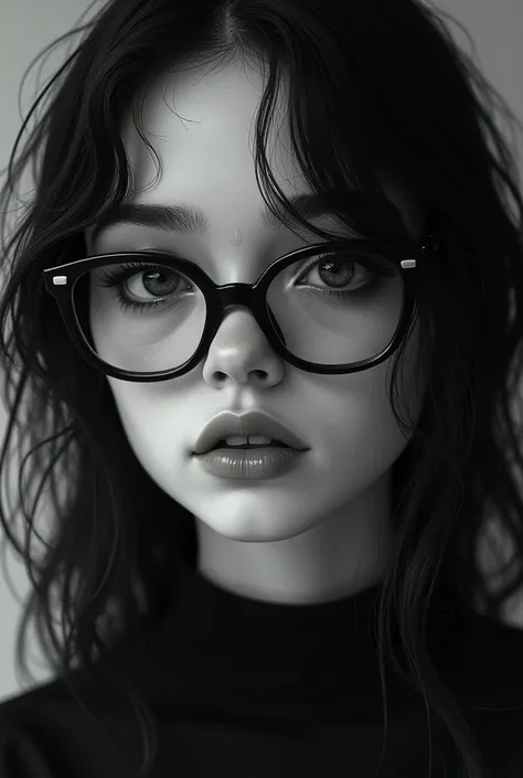 Make a teenage girl with black eyes, loose black hair and white skin with glasses
