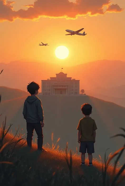  2 boys , looking at a hospital from a hill with the sunrise in the background with a 3rd plane/4 chopped