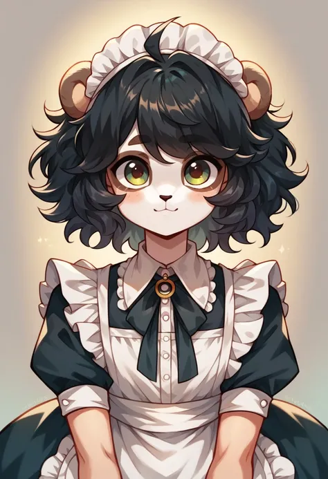 best qualityer, super detailed illustration, warm colours, optimal lighting, perfect  detail, (cute panda boy:1.4) , female face and body, thick disheveled hair, maid clothes, long black hair with black