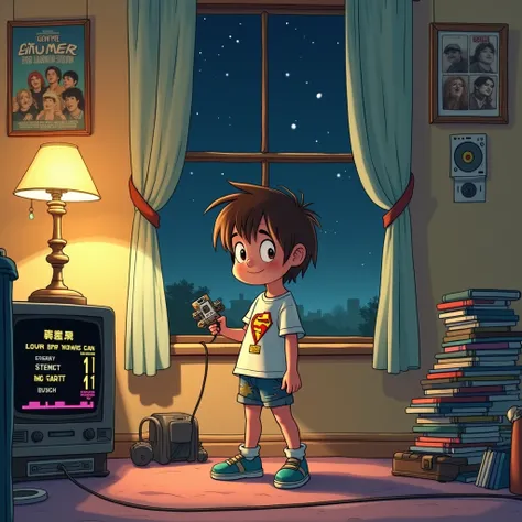 A scene in a detailed 2D style, reminiscent of animation from the 1990s or early 2000s, with a slightly worn and grainy effect, like a lost frame from an old TV program. In the center of the room, a child of about , with short, slightly messy hair, looks d...