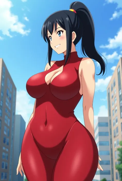 girl, young, beautiful face, cute face, beautiful face, smiling, beautiful face, smiling, fair skin, black hair, high ponytail, blue eyes, super hero, momo yaoyorozu (my hero academia),  fat breasts, fat ass, colossal breasts, overly sagging breasts, colos...