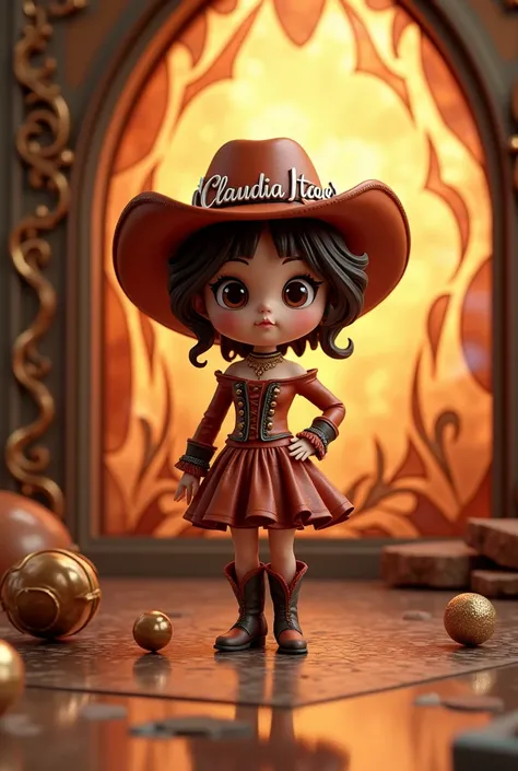 A mesmerizing 3D rendered image featuring a chibi woman wearing a rust-colored cowboy hat, cowboy boots, and an off-shoulder ruffled steampunk-inspired dress. She confidently stands with one hand on her hip, her reflection shimmering in the hat and boots c...