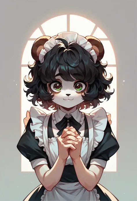 best qualityer, super detailed illustration, warm colours, optimal lighting, perfect  detail, (cute panda boy:1.4) , female face and body, thick disheveled hair, maid clothes, long black hair with black,pale skin,