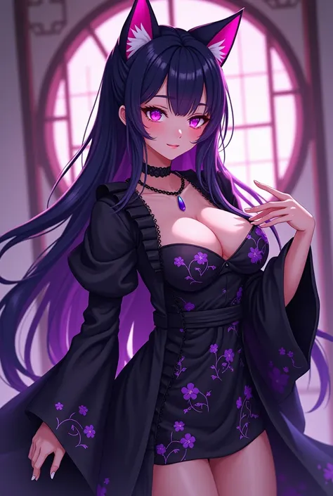 A nekomata vtuber with long, dark purple hair and pink highlights, her eyes are purple, and she has big breasts, wears a black maid kimono with purple flowers 