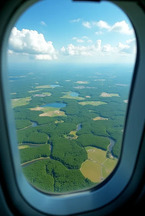 Through the aircraft window, a breathtaking view unfolds: the rolling landscape below, dotted with clusters of vibrant green trees and shimmering bodies of water. The scene, captured in a stunning photograph, showcases the beauty of the earth from a birds-...