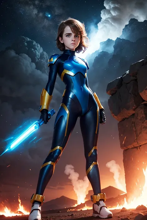 night. sci-fi. teenEmma Watson as megaman. tight shiny costume. slender, athletic and graceful. background fire volcano. cloudy sky. --s 1000