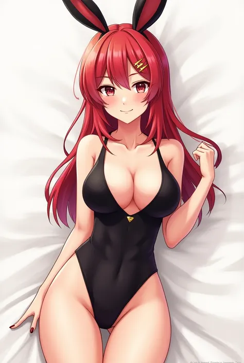 Itsuki Nakano, red long hair, HD, star clips in the hair, beautiful, amazing, detailed buddy, defined butt, sexy bunny outfit black, cute smile, adult body, big breasts, one body, looking straight ahead, nice thighs, one person adult, defined adult body, b...